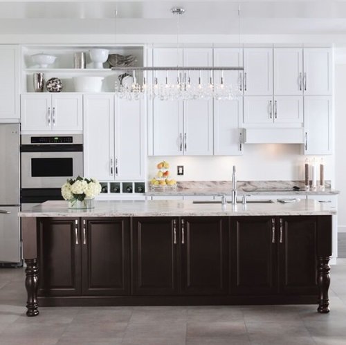 island legs stained to match other woodwork in kitchen