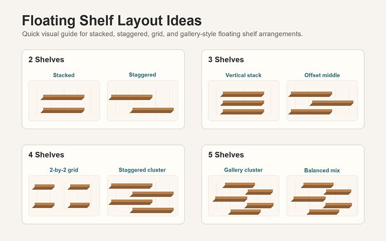 Floating shelf layout ideas showing stacked, staggered, grid, and gallery arrangements for 2, 3, 4, and 5 shelves