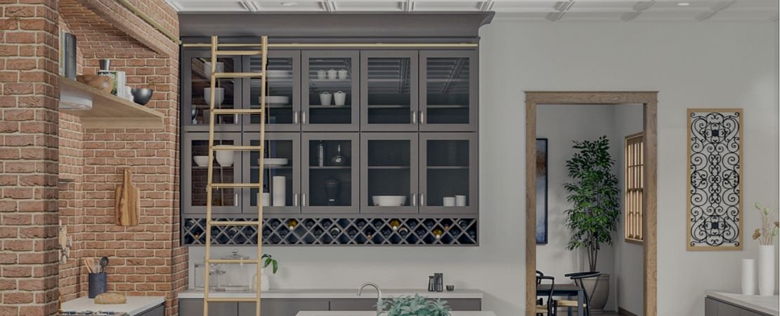 Quiet Glide rolling library ladder in rustic kitchen 