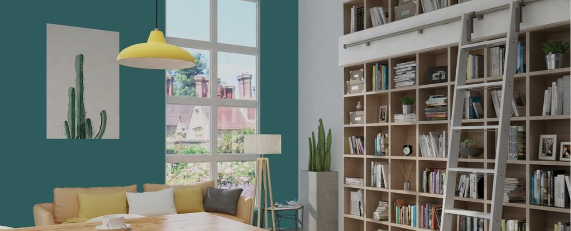 Meadow Lane rolling library ladder in modern study 