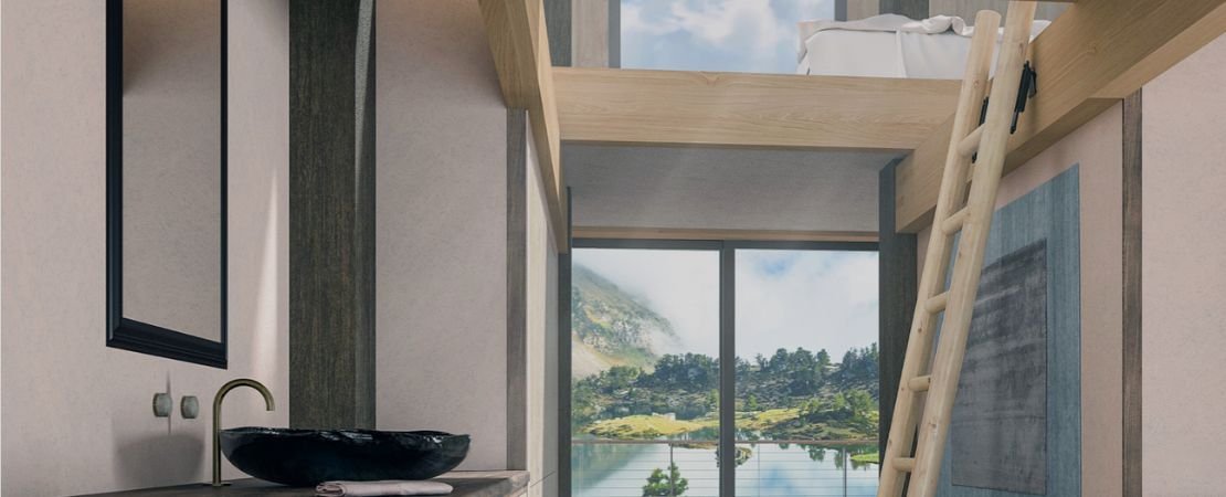 log style rolling library ladder to access bedroom loft