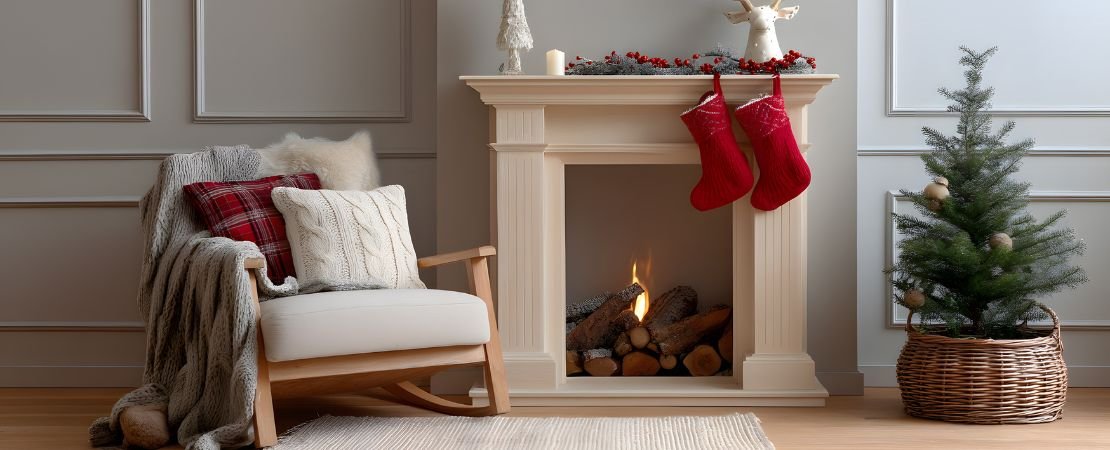 decorative wood details on holiday fireplace