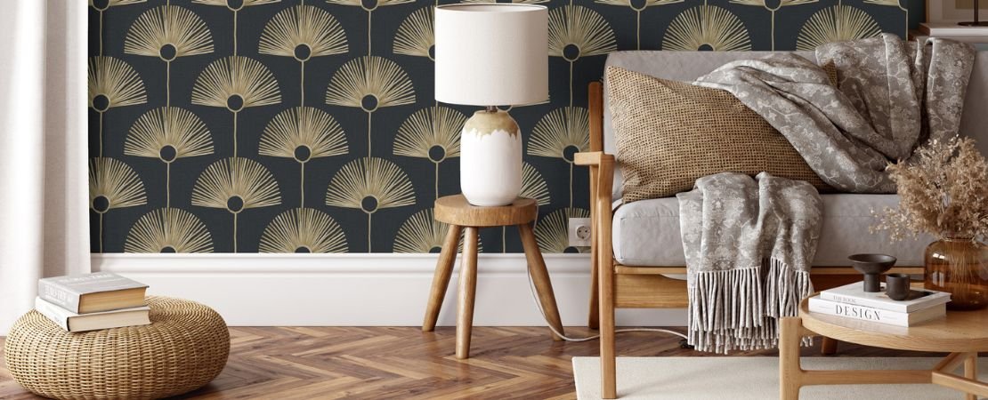 fan-inspired wallpaper behind couch