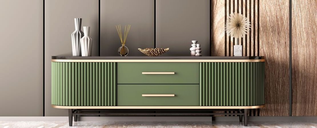 painted green tambour panels on a side table