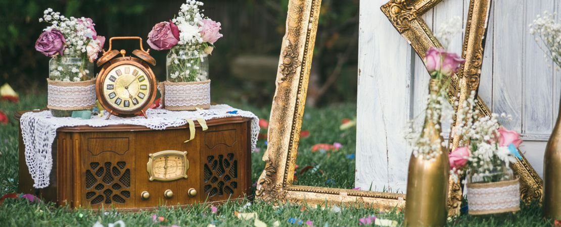 vintage items used as garden party decor