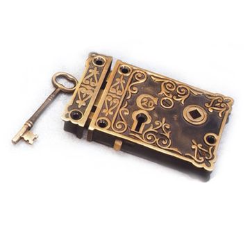 ANTQ BRASS ORNATE RIMLOCK W/2 KEYS & 1 ESCUTCHEONimage