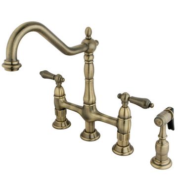 Deck Mount Kitchen Faucet With Brass Sprayer - 8 Inch Spread - Metal Leverimage