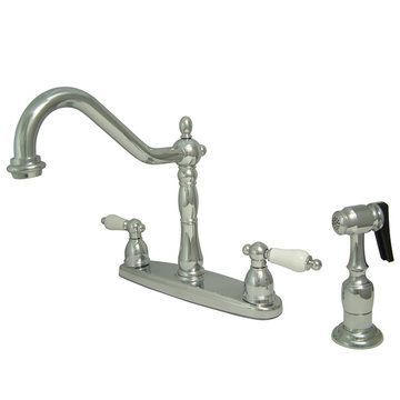 8 Inch Center Kitchen Faucet With Brass Sprayer - Porcelain Leverimage