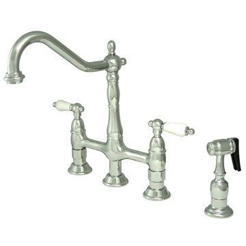 Deck Mount Kitchen Faucet With Brass Sprayer - 8 Inch Spread - Porcelain Leverimage