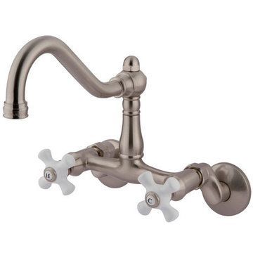Wall Mount Brass Kitchen Faucet - Porcelain Crossimage