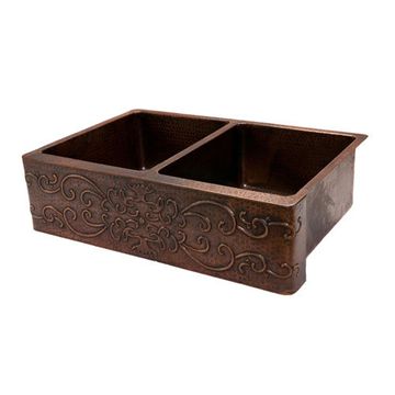 Premier Copper 33 Inch Hammered Copper Kitchen Apron 50/50 Double Basin Sink With Scroll Designimage
