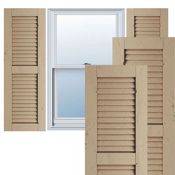 TimberThane Primed Tan Two Equal Louver Knotty Pine Faux Wood Shuttersimage