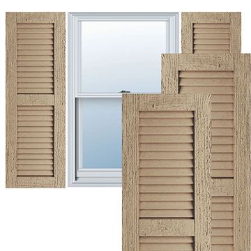 TimberThane Primed Tan Two Equal Louver Rough Sawn Faux Wood Shuttersimage