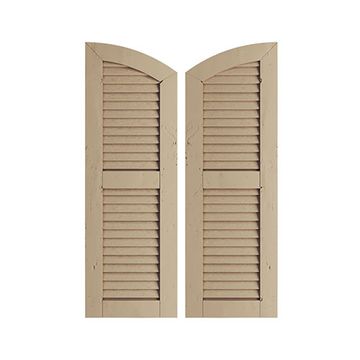 TimberThane Tan Two Louver Elliptical Knotty Pine Faux Wood Shuttersimage