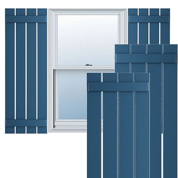 True Fit PVC Sojourn Blue 4-Board Spaced Board-n-Batten Shuttersimage