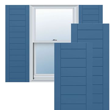 True Fit PVC Sojourn Blue Horizontal Slat Framed Modern Shuttersimage