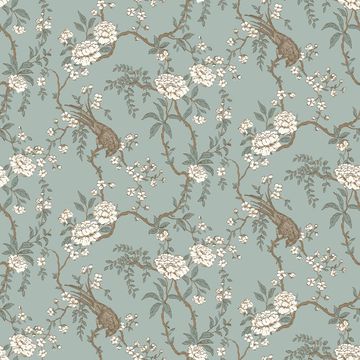 Mitchell Black Floral Bird Toile Light Blue Wallpaperimage
