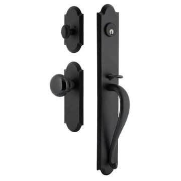 Ageless Iron Dome Long Plate Handleset With A-Grip And Black Shadow Knobimage