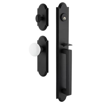 Ageless Iron Dome Long Plate Handleset With D-Grip And White Snow Knobimage