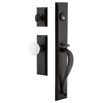 Ageless Iron Keep Long Plate Handleset With A-Grip And White Snow Knobimage