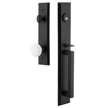 Ageless Iron Keep Tall Plate Handleset With D-Grip And White Snow Knobimage