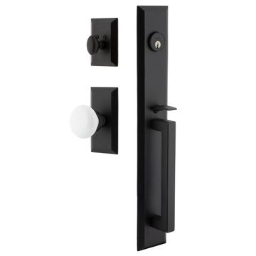 Ageless Iron Keep Vale Plate Handleset With D-Grip And White Snow Knobimage