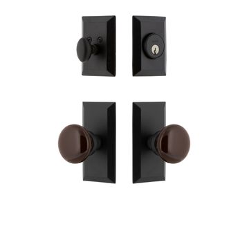 Ageless Iron Vale Short Plate Entry Set With Brown Autumn Porcelain Knobimage