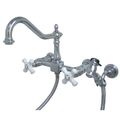 Wall Mount 8 Inch Center Kitchen Faucet With Brass Sprayer - Porcelain Crossimage