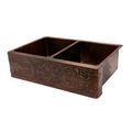 Premier Copper 33 Inch Hammered Copper Kitchen Apron 50/50 Double Basin Sink With Scroll Designimage